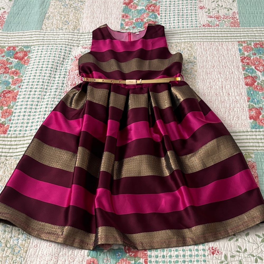 Elegant Pink and Gold Striped Kids Formal Dress